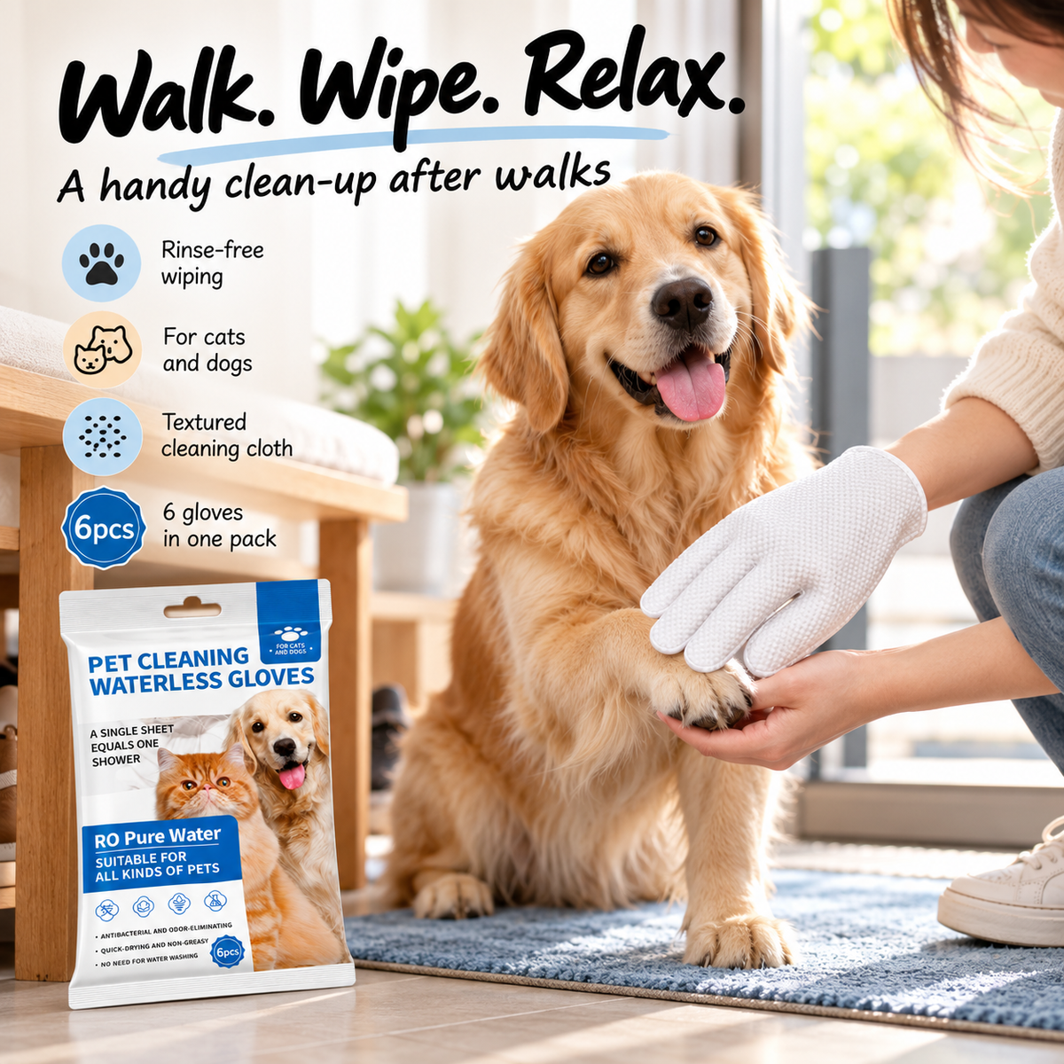 Waterless Pet Cleaning Gloves – Rinse-Free for Cats & Dogs