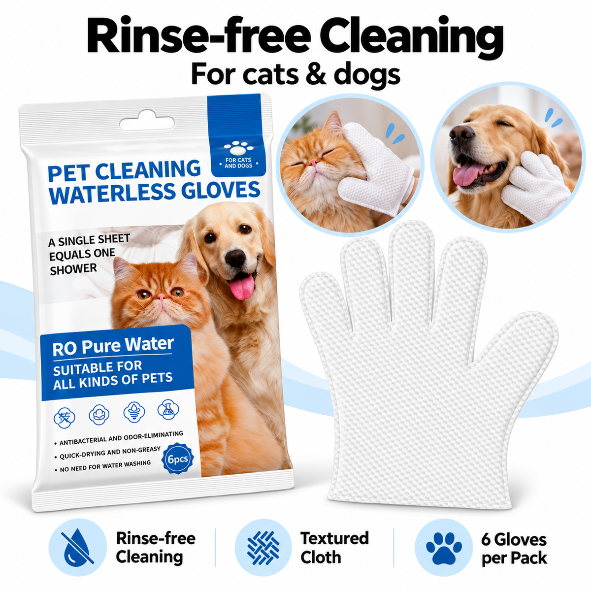 Waterless Pet Cleaning Gloves – Rinse-Free for Cats & Dogs