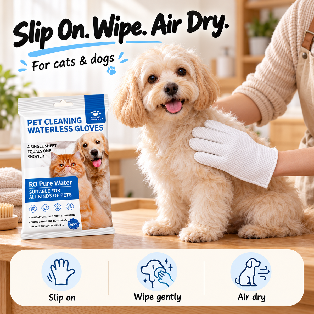 Waterless Pet Cleaning Gloves – Rinse-Free for Cats & Dogs