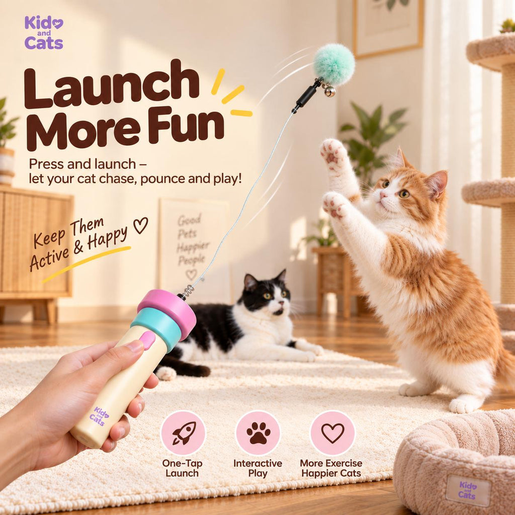 Interactive Cat Toy Launcher – Retractable Pom Pom & Bell