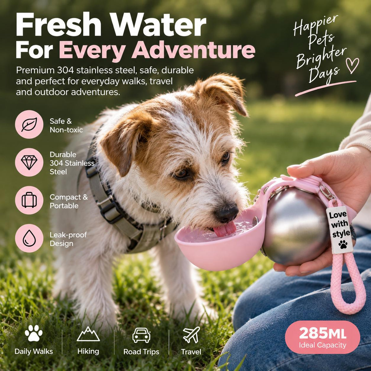 Portable Dog Water Bottle – 285ml Stainless Steel Travel Bottle