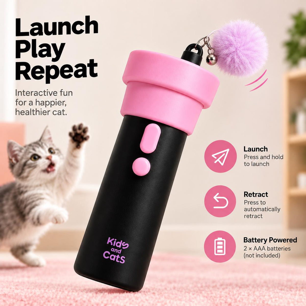 Interactive Cat Toy Launcher – Retractable Pom Pom & Bell