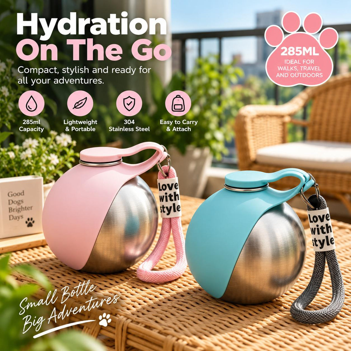 Portable Dog Water Bottle – 285ml Stainless Steel Travel Bottle