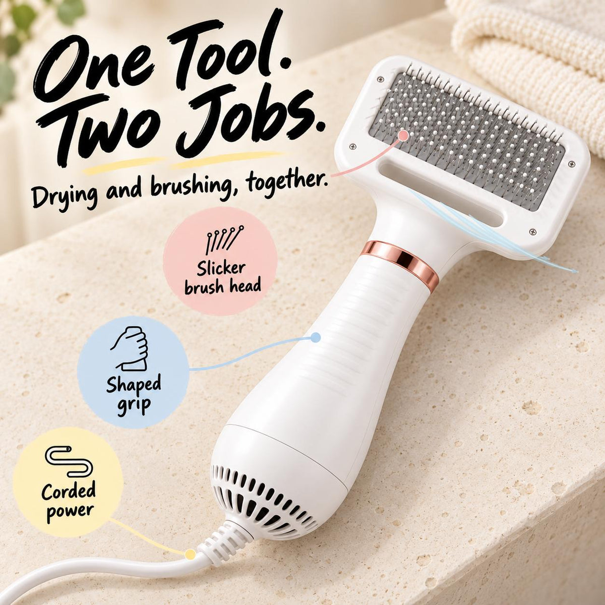 2-in-1 Pet Hair Dryer & Grooming Brush – 300W Low-Noise