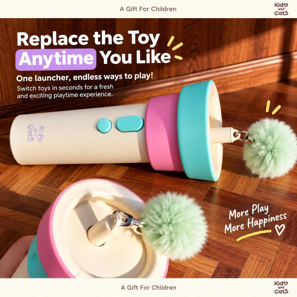 Interactive Cat Toy Launcher – Retractable Pom Pom & Bell