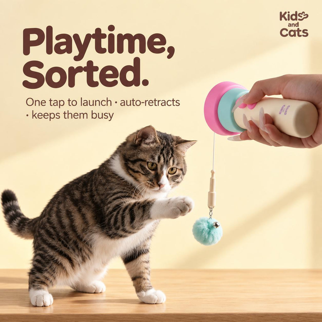 Interactive Cat Toy Launcher – Retractable Pom Pom & Bell