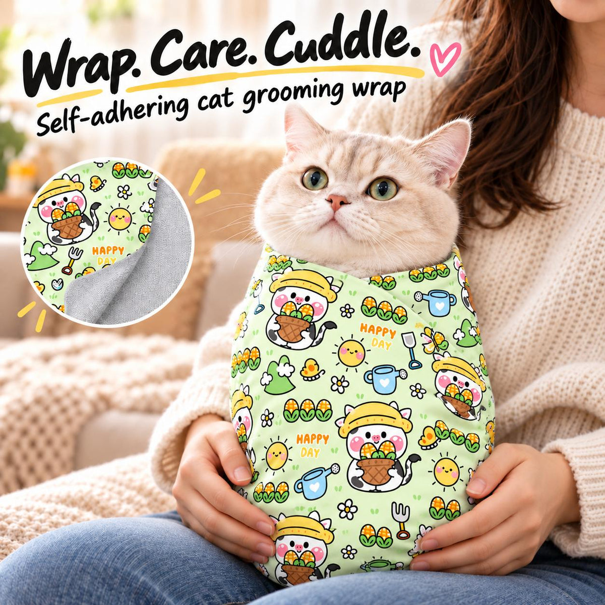 Cat Grooming Wrap – Self-Adhering Care Cloth 90 × 90cm