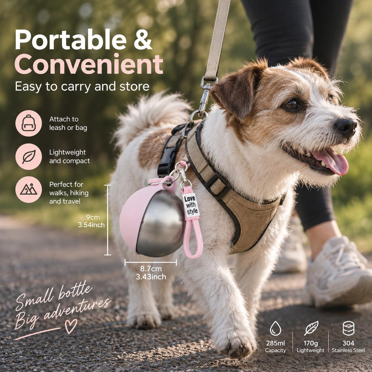 Portable Dog Water Bottle – 285ml Stainless Steel Travel Bottle