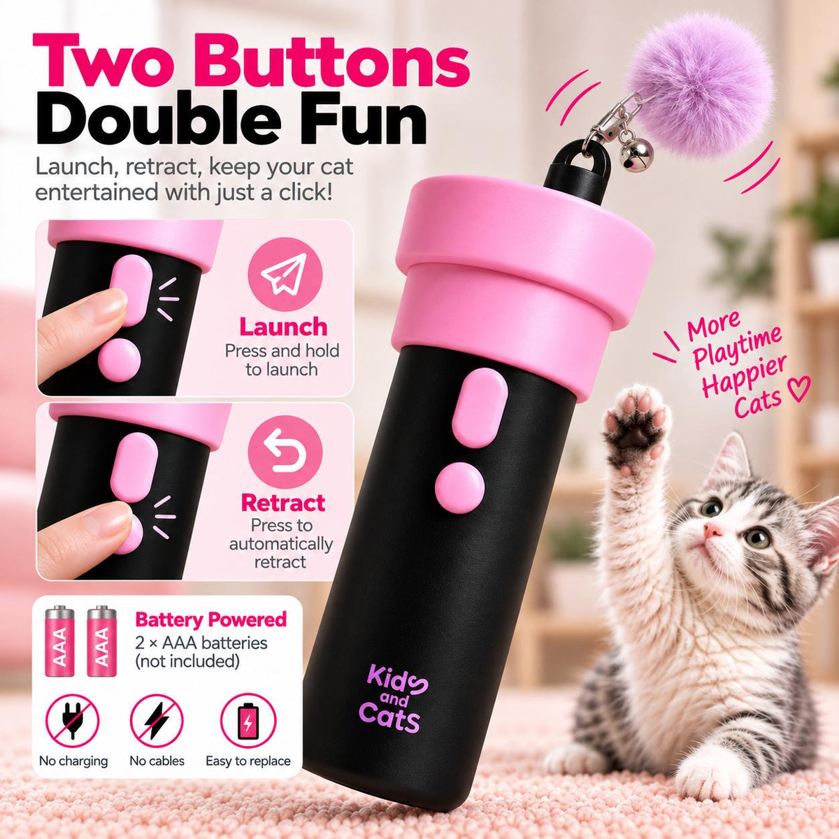 Interactive Cat Toy Launcher – Retractable Pom Pom & Bell